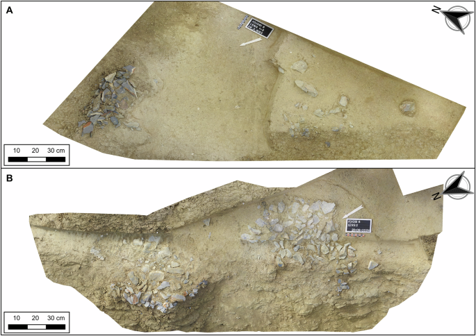 Fig. 3: Structure from Motion (SfM) orthophotographic overviews of the excavated artefact lenses and surfaces at Jojosi 5 and 6.