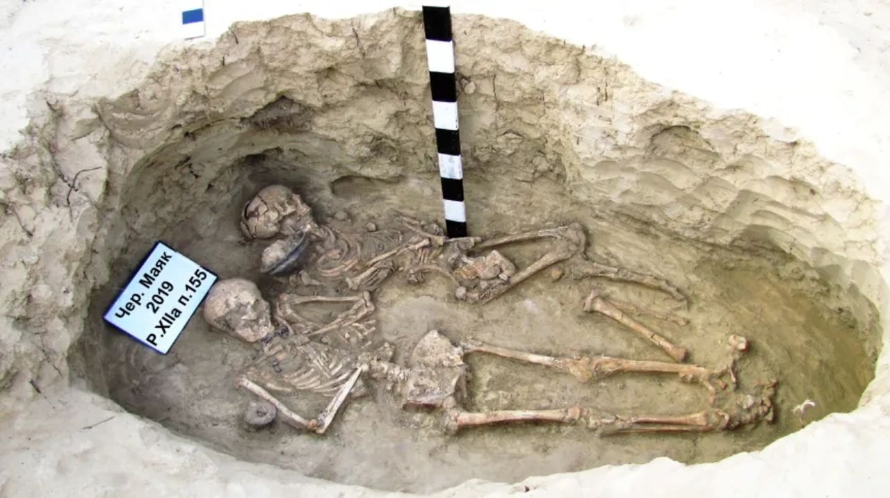 A view of a circular burial site with a skeleton unearthed on the ground and a sign in Ukrainian above its head toward the left of the image.