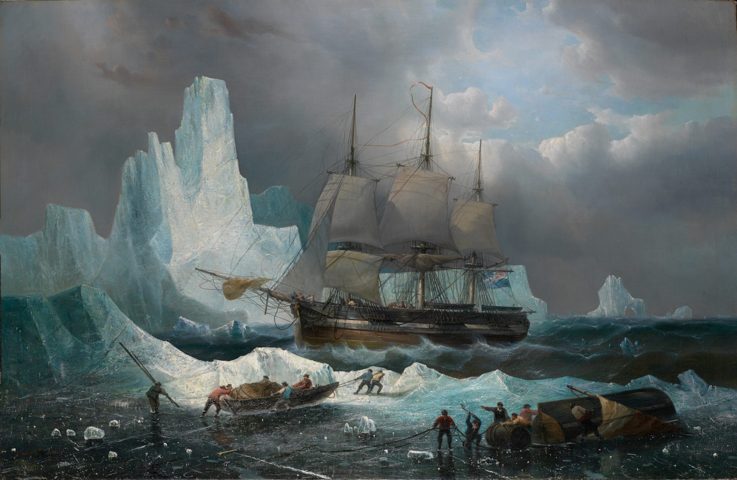 A ship with sails unfurled navigating through icy waters amidst towering icebergs. Several figures in small boats work on the frozen surface