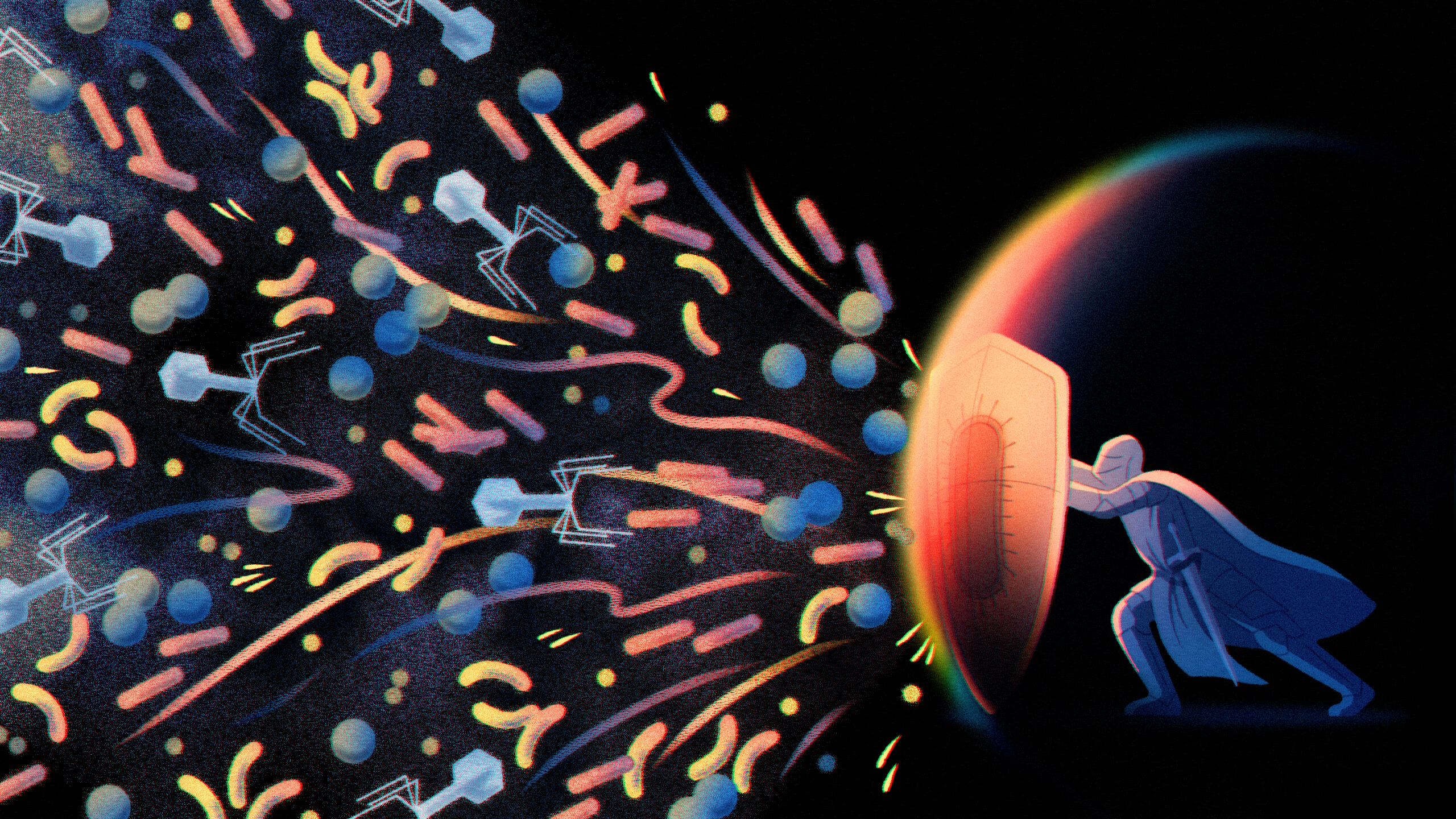 An illustration shows a knight kneeling behind a shield engraved with an image of a bacterium, with which he defends against an onslaught of viruses.
