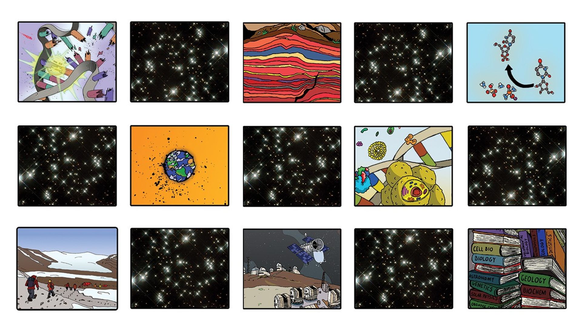 Square scenes of various images related to astrobiology, like a DNA strand being cut, red laminated rocks, molecules, Earth, rovers, and books, each with a square scene of stars in a black space background, with the star scenes in a chechered pattern.