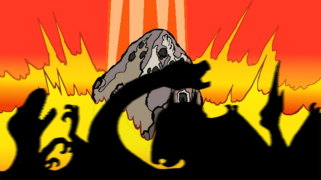 A comic-style image of a meteorite explosion is seen in fiery red, yellow, and orange colors with black silhouettes of dinosaurs in the foreground.