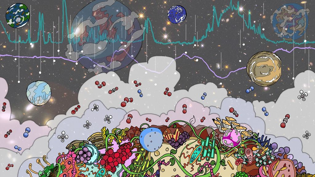 Comic-style illustration showing diverse life forms and molecules in the foreground emitting what are intended to be atmospheric biosignature spectra across multiple exoplanets in space.