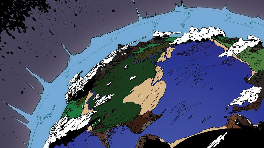 Comic-style image of half of Earth, showing land, clouds, oceans.