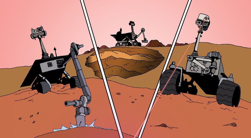 Portrait photo of Comic book scene of three rovers on red rocks. Leftmost rover burrows into rock with a metalic tool, center rover explores a large hole, and rightmost rover emits red laser light onto a rock in the foreground.