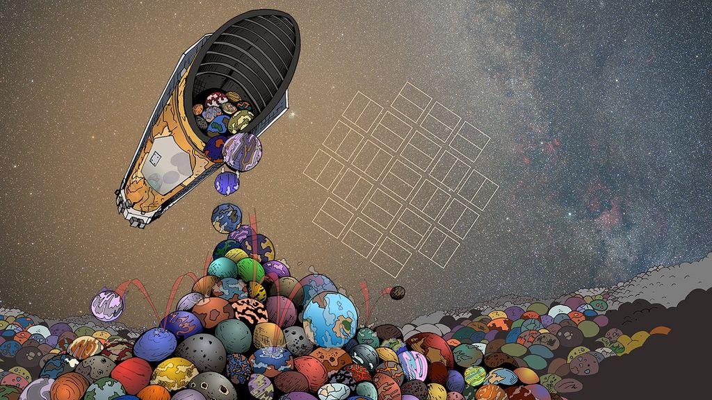 A comic-style illustration of a space telescope in the foreground of the milky way galaxy, seen pouring from it many round, colorful balls, intended to be exoplanets, which fill the foreground of the image.