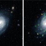 Galaxy Zoo: Clump Scout II chce zapojiť verejnosť do hľadania hviezdotvorných zhlukov v galaxiách Images of a spiral galaxy with a bright central region and a swirl of discontinuous spiral arms of different brightnesses. Small green boxes have been placed on the image by an AI model to outline bright spots along the spiral arms, which are the “clumps” that are the focus of this research. Yellow boxes mark stars and blue boxes marking background galaxies.