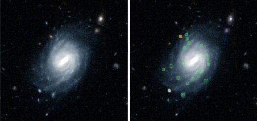 Images of a spiral galaxy with a bright central region and a swirl of discontinuous spiral arms of different brightnesses. Small green boxes have been placed on the image by an AI model to outline bright spots along the spiral arms, which are the “clumps” that are the focus of this research. Yellow boxes mark stars and blue boxes marking background galaxies.