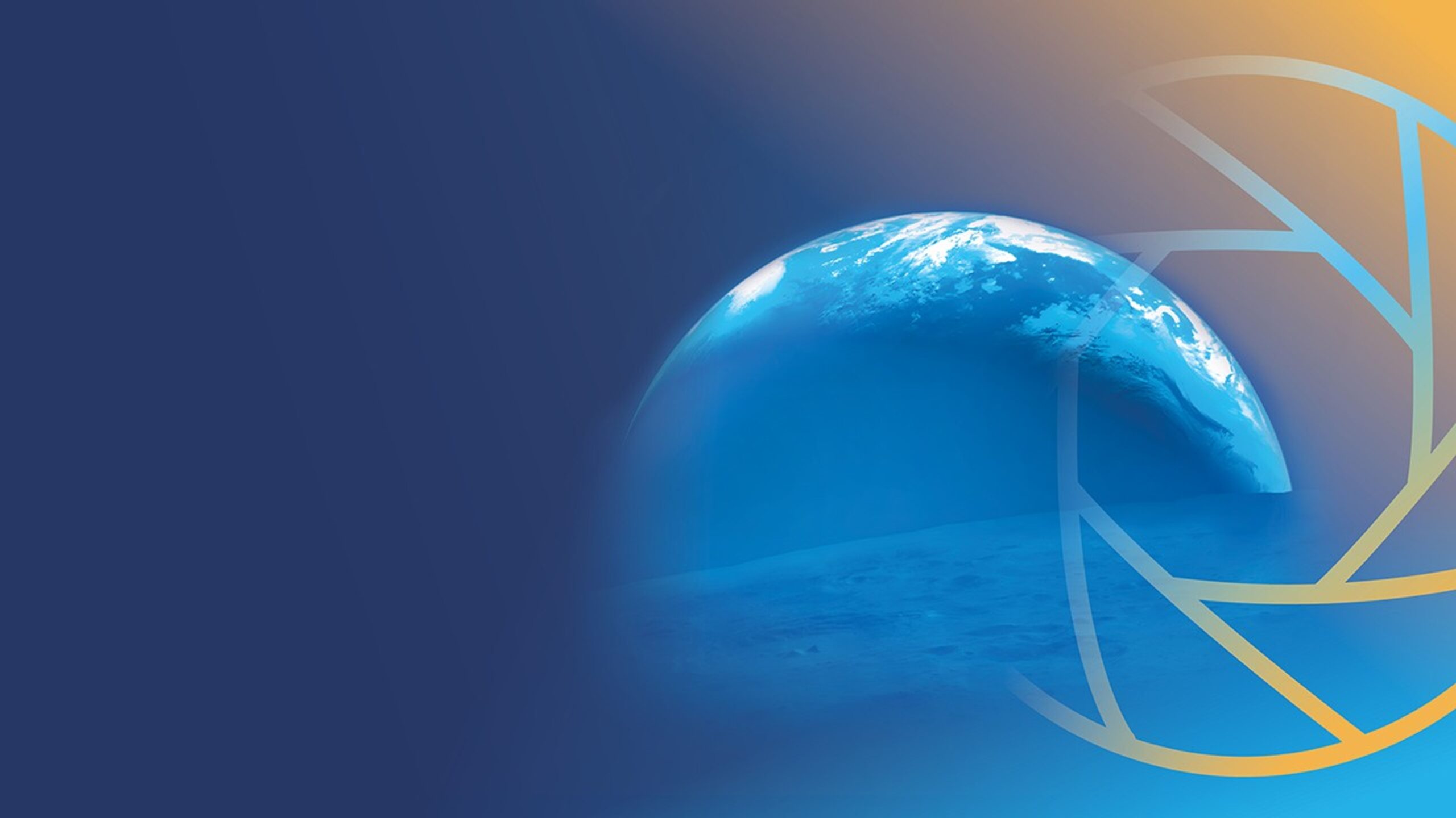 blue overlay of an image of earth and moon in the foreground. The left side of the image is darker blue and the upper right is yellow. A hexagonal spiral in gray is faded over the right side of the image.