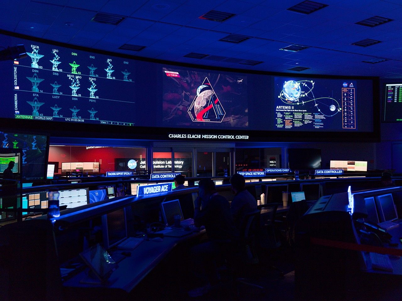 The Artemis II mission patch appears in the center screen of the Space Flight Operations Facility at NASA’s Jet Propulsion Laboratory in Southern California on April 1, 2026, shortly before the mission launched to the Moon.