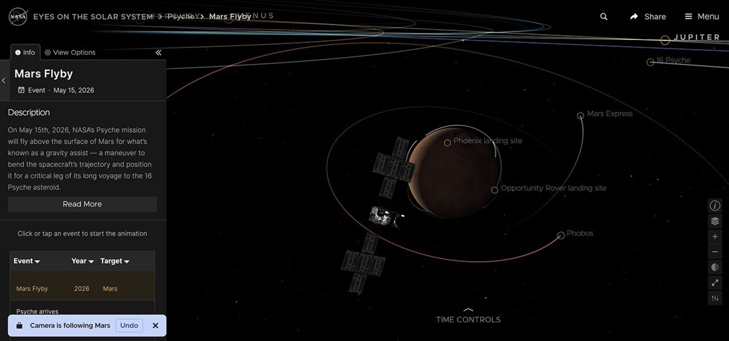 Psyche mission Mars flyby event added to Eyes on the Solar System front page.