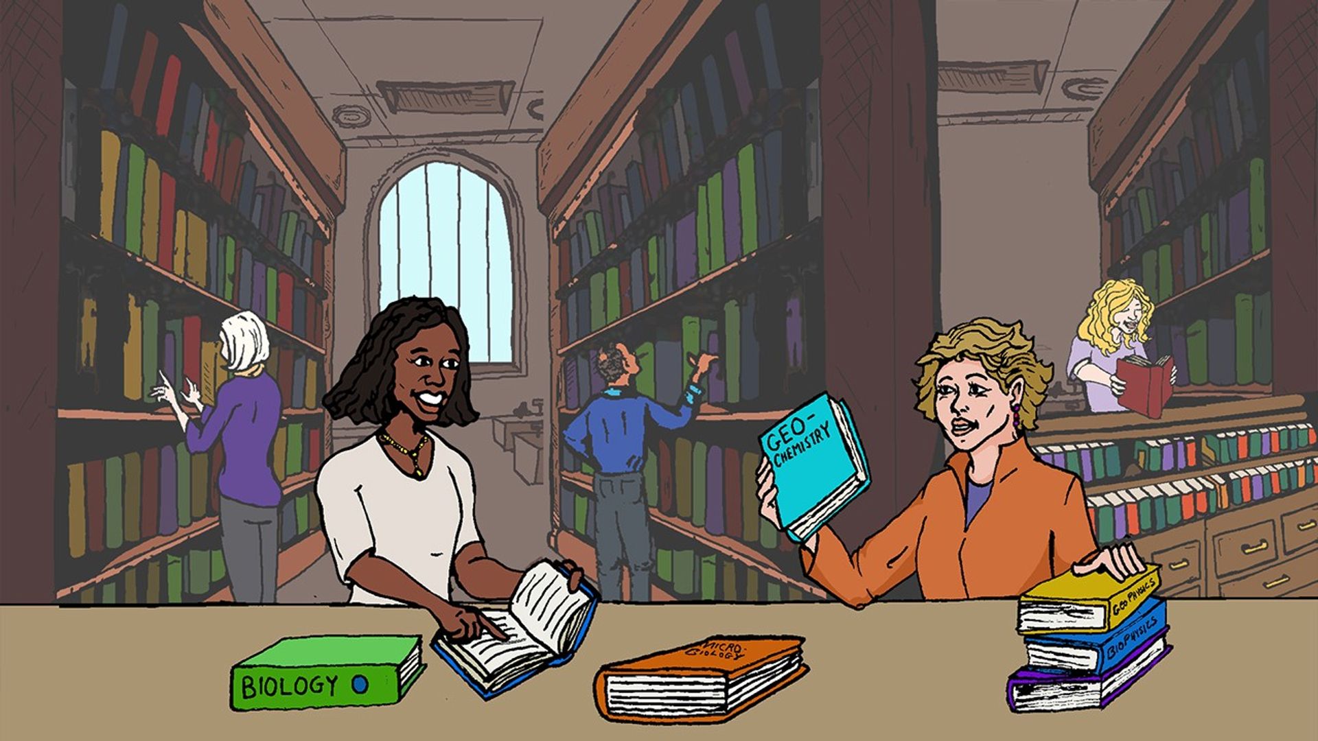 Two people sitting in a library, examining books. The woman on the right has her hand on a stack of three books and is holding one in her other hand.