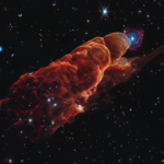 NASA spresňuje, ako bude vyberať strategické misie v rámci iniciatívy ASTRA Angled from the upper left corner to the lower right corner is a cone-shaped orange-red cloud known as Herbig-Haro 49/50. This feature takes up about three-fourths of the length of this angle. The upper left end of this feature has a translucent, rounded end. The conical feature widens slightly from the rounded end at the upper right down to the lower right. Along the cone there are additional rounded edges, like edges of a wave, and intricate foamy-like details, as well as a clearer view of the black background of space. In the upper left, overlapping with the rounded end of Herbig-Haro 49/50, is a background spiral galaxy with a concentrated blue center that fades outward to blend with red spiral arms. The background of space is speckled with some white stars and smaller, more numerous, fainter white galaxies throughout.