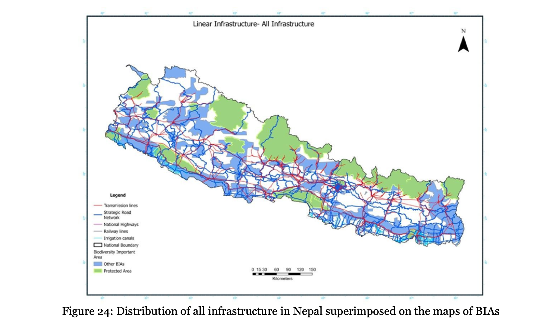 Map - Distribution of all infrastructure in Nepal over BIAs. Image courtesy of WWF Nepal.
