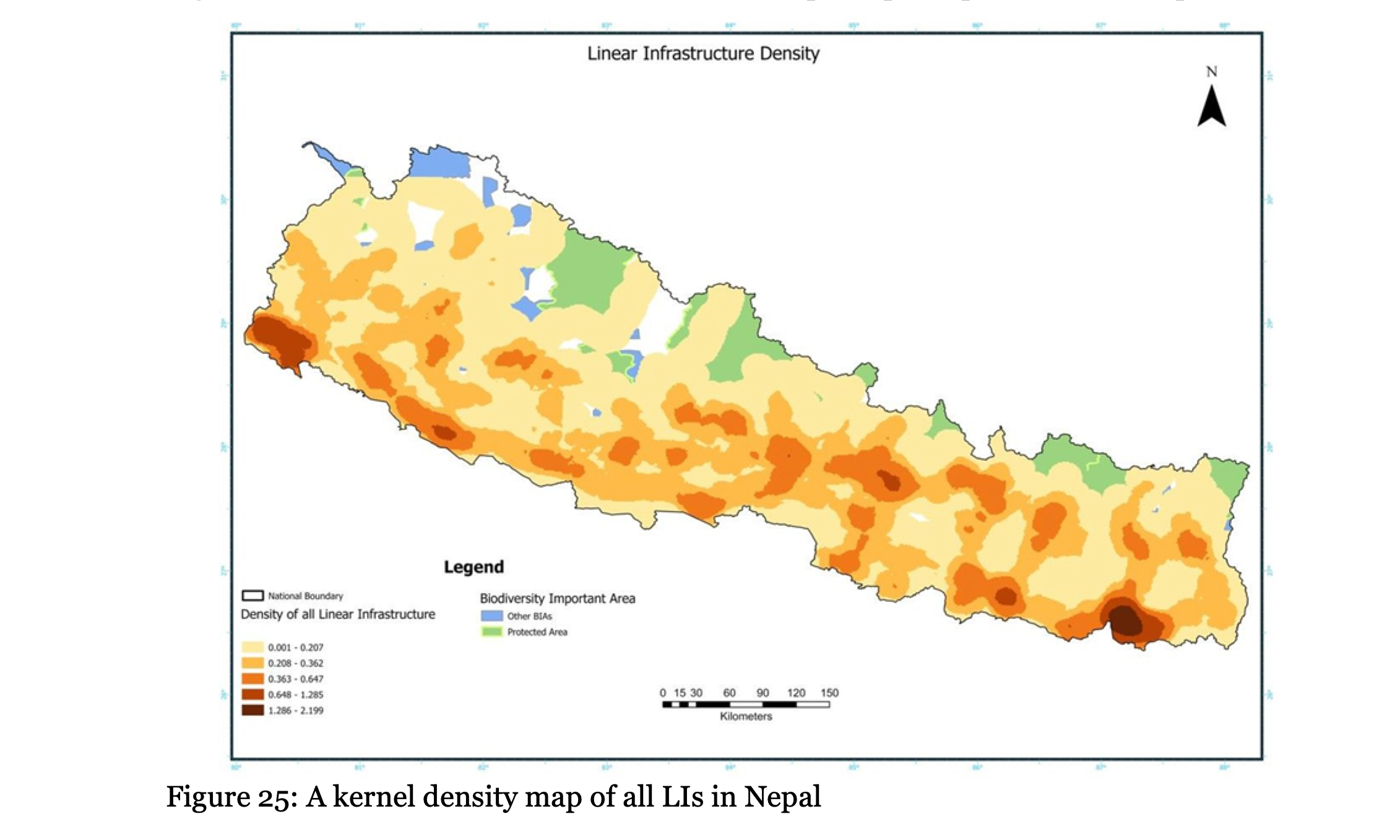 Map: A density map of all linear infrastructure. Image courtesy of WWF Nepal.