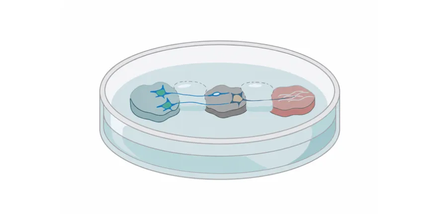 Illustration of the model, with the brain organoid, spinal organoid, and muscle tissue (left to right)