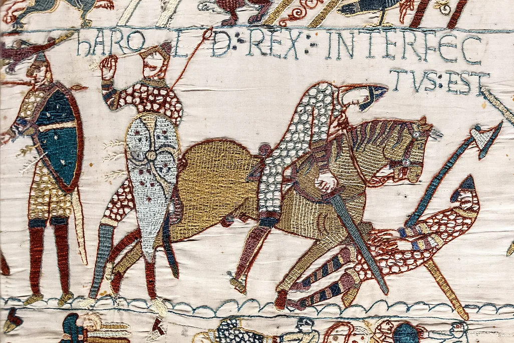 The death of King Harold at the Battle of Hastings depicted on the Bayeux Tapestry