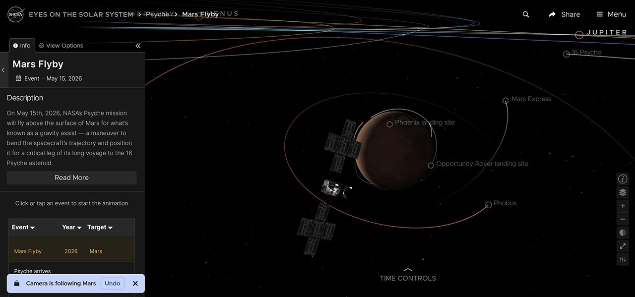 Psyche mission Mars flyby event added to Eyes on the Solar System front page.