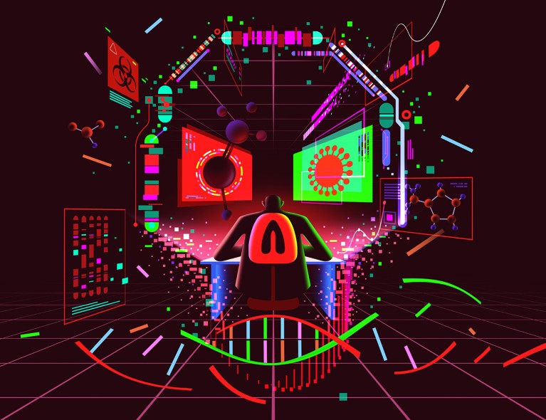 Stylised illustration of a researcher at a workstation surrounded by digital screens, molecular diagrams and biohazard symbols that merge to form a sinister skull shape.