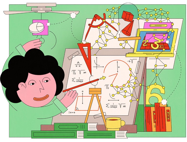 Conceptual illustration showing a cluttered workspace showing a person at a desk surrounded by papers with mathematical equations and graphs, AI neural network, measurement tools, books, stacked objects, and a screen displaying abstract shapes and numbers, forming a dense visual scene associated with mathematics and AI.