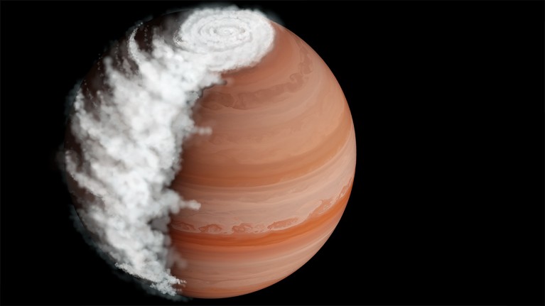 Artistic representation of WASP94-A b showing cloud build up on the dark side of the planet and clear skies on the dayside.