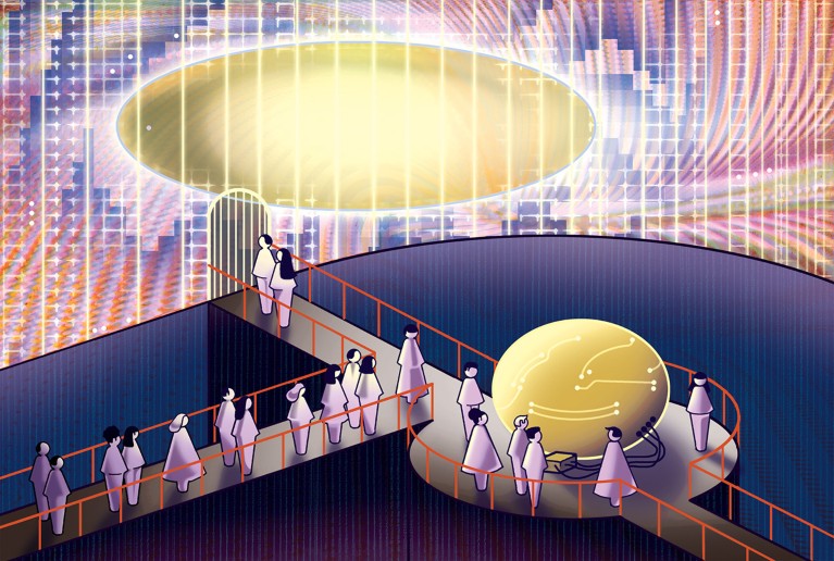 Abstract scene of people interacting with a glowing AI orb as a larger one sits behind a barrier.”