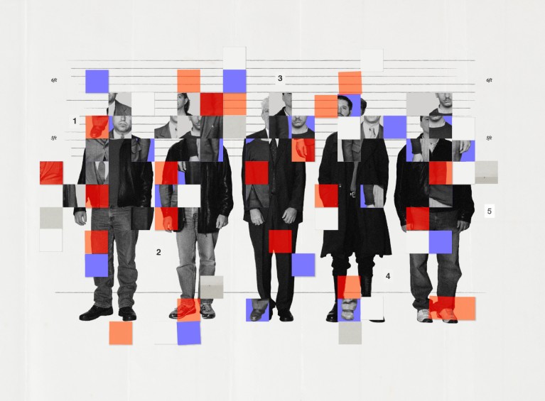 Collage illustration showing a police lineup of five individuals, with overlaid coloured squares that fragment and visually distort the figures.