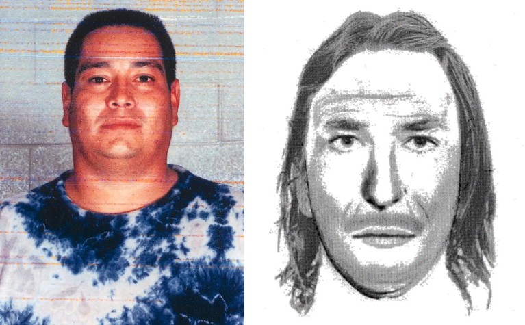 Composite showing side by side the mug shot photo of Charles Flores and the e-fit illustration.