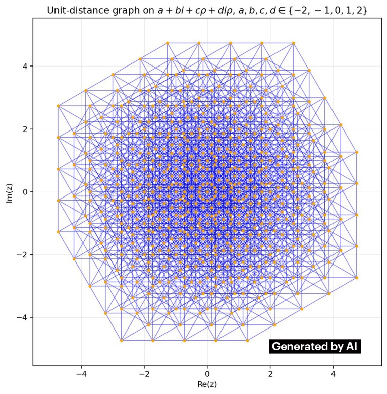 A graphic produced with the help of ChatGPT 5.5 Thinking, showing a visual representation of Erdos's unit-distance conjecture.