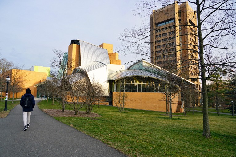 Exterior view of the Lewis Science Library on the campus of Princeton University as a person walks by on the sidewalk.