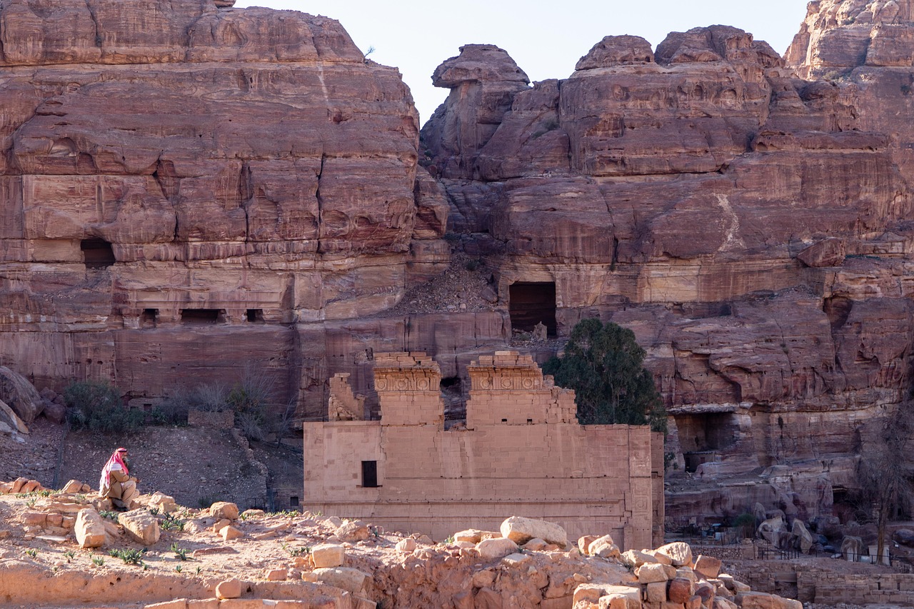 petra, ruin, man, sitting, arabic, jordan, nature, desert, stone, travel, vacations, ruins, ancient, excavation, culture, archaeology