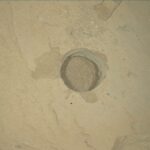 Curiosity sa na Marse oslobodil vŕtačku a pokračuje k novému cieľu A close-up view of a perfectly circular drill hole in light tan Martian bedrock, created by the Curiosity rover. The shallow hole is filled with loose, pale, powdery rock cuttings. The surrounding rock surface is mostly flat and dusty, featuring subtle ridges, faint cracks, and a few small, scattered pebbles.