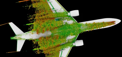 Visualization of the simulated flow field around a large airliner. Note the complex, vortical, unsteady flow features generated by the wing high-lift devices (leading edge slats and trailing edge flaps) and aircraft landing gear. Benedikt Koenig, Dassault Systemes; Patrick Moran, NASA/Ames