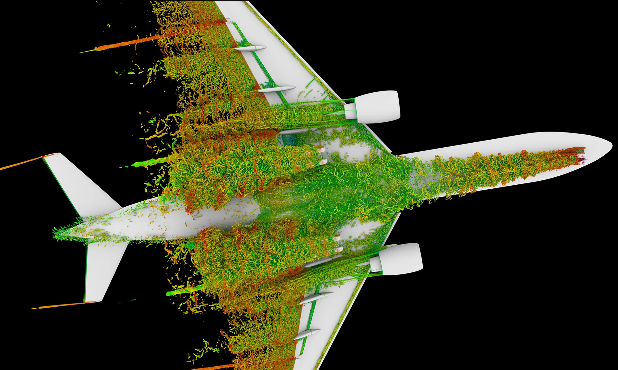 Visualization of the simulated flow field around a large airliner. Note the complex, vortical, unsteady flow features generated by the wing high-lift devices (leading edge slats and trailing edge flaps) and aircraft landing gear. Benedikt Koenig, Dassault Systemes; Patrick Moran, NASA/Ames