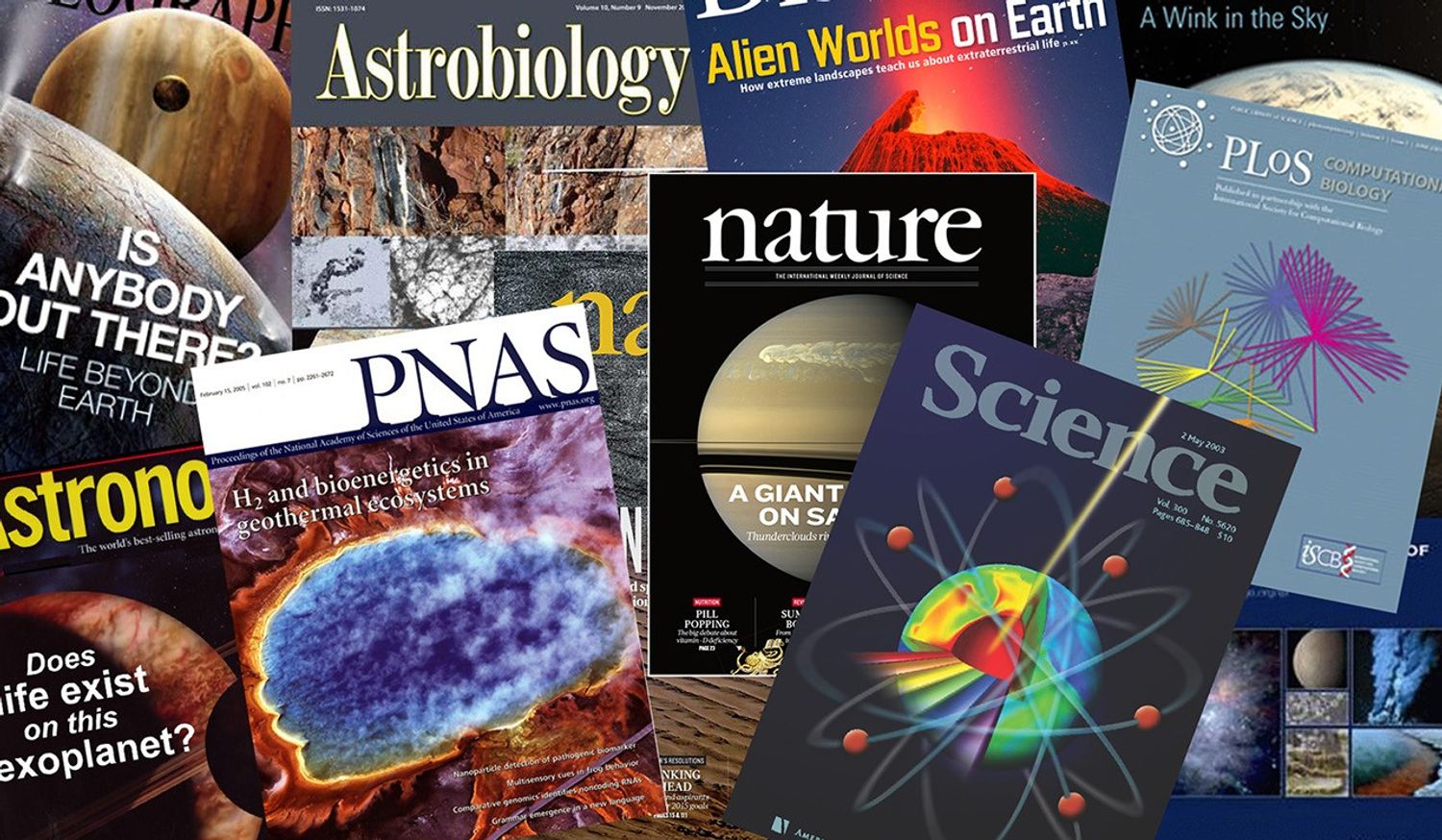 A collage of magazine covers featuring astrobiology.