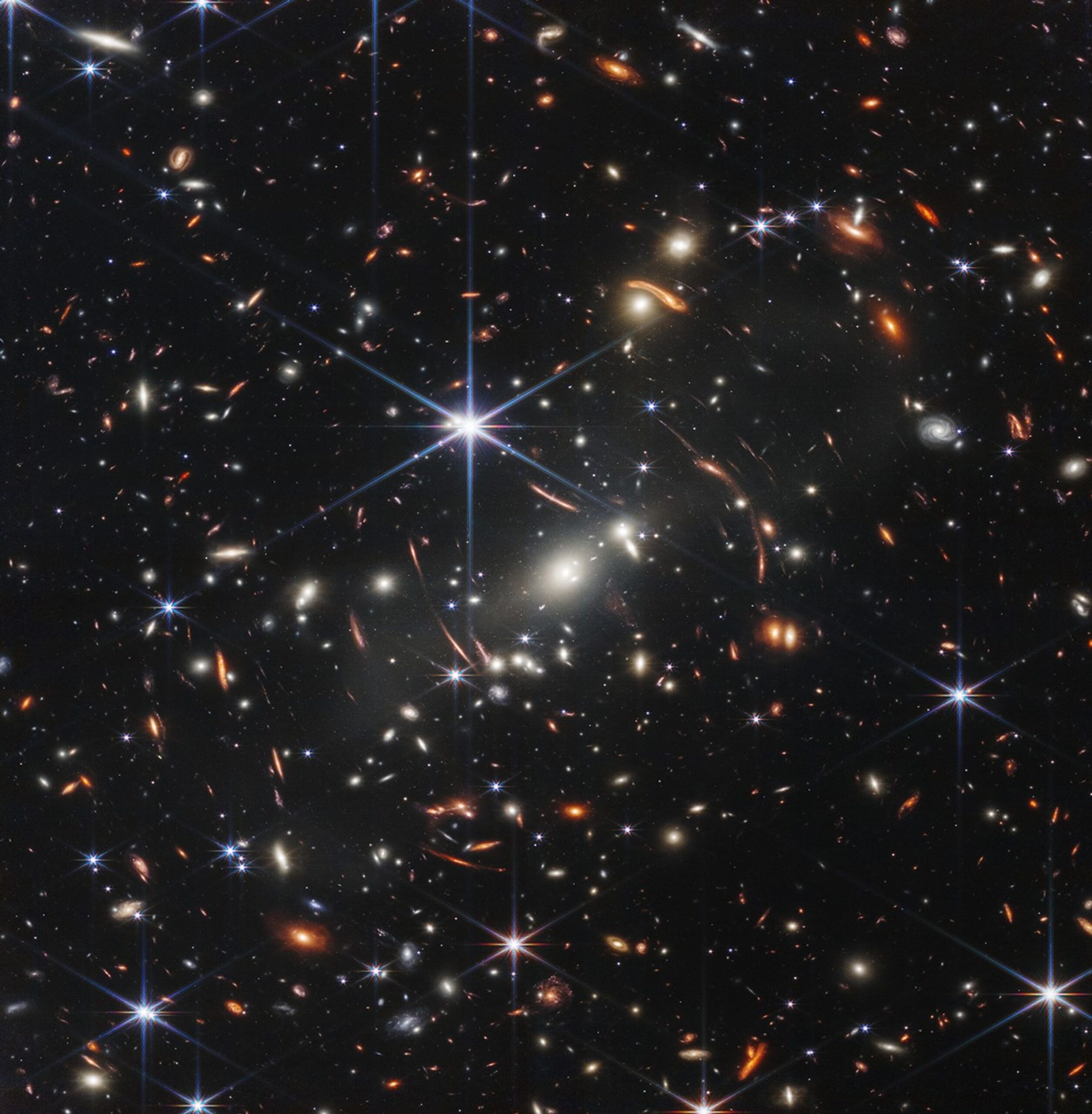 An image containing thousands of galaxies and stars on a black background, taken by the James Webb Space Telescope.