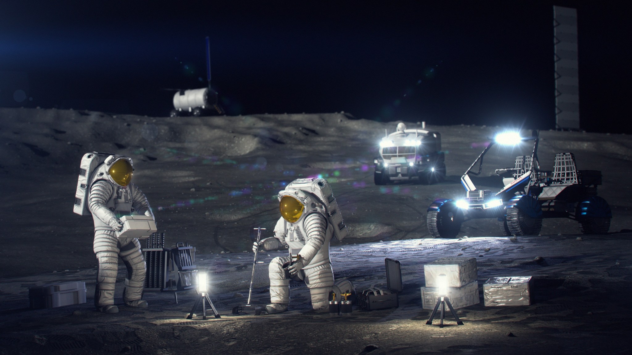 An artist’s concept of astronauts working on the lunar surface.