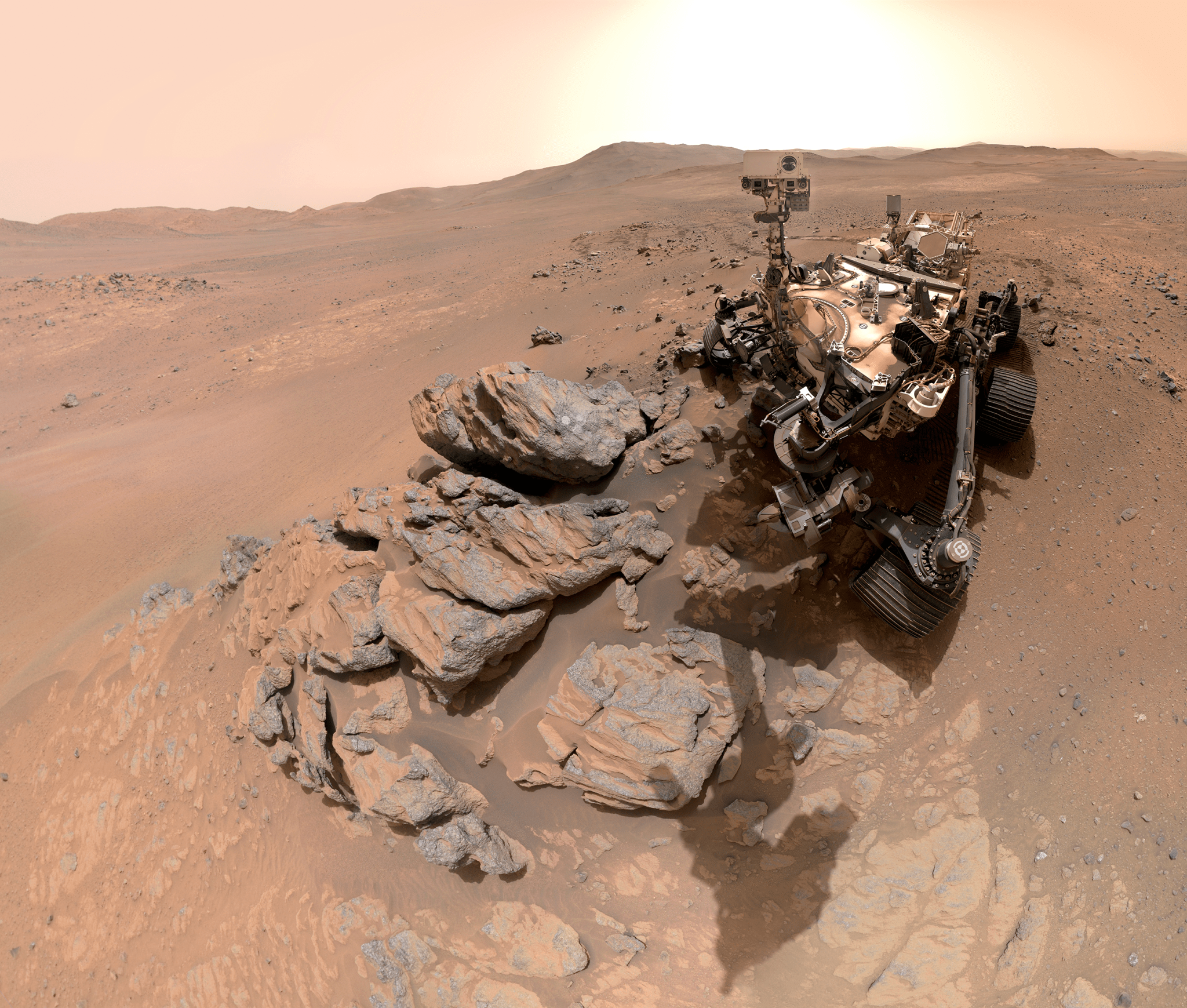 NASA’s Perseverance Mars rover appears to look into the camera in this selfie. The rover is at a rocky outcrop nicknamed “Arethusa”.