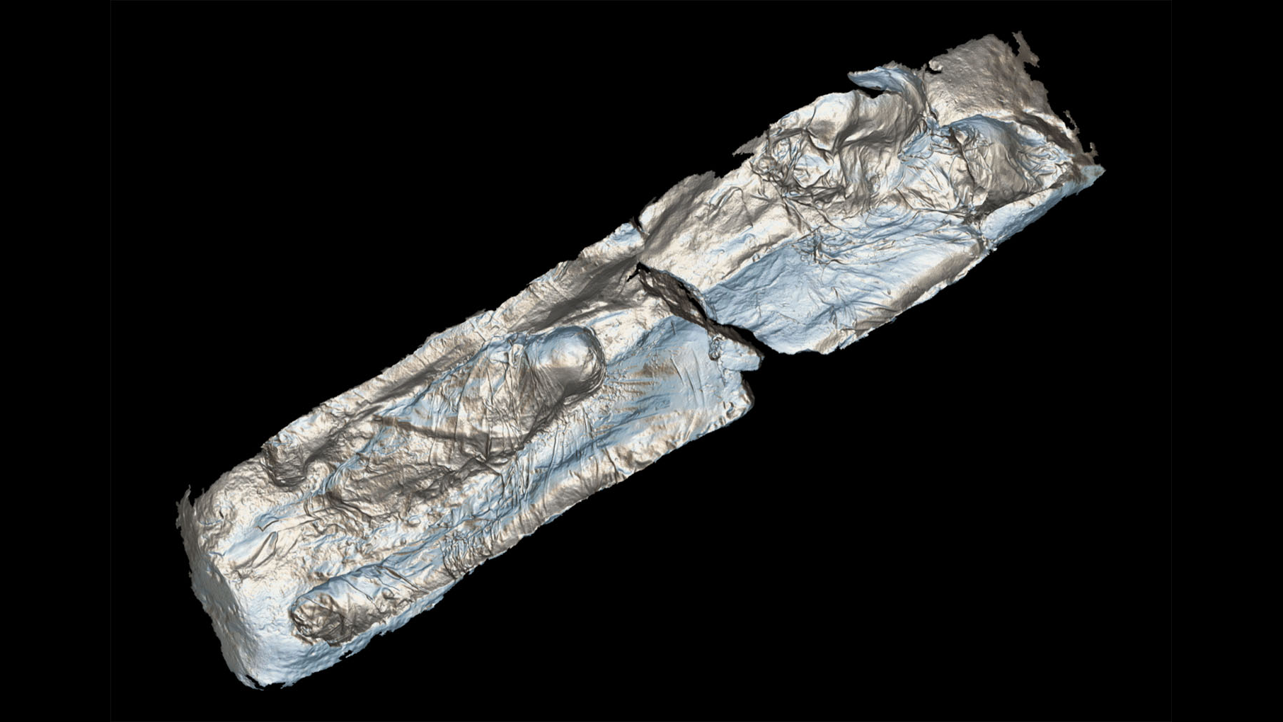 a 3D scan of two adults and a child between their legs