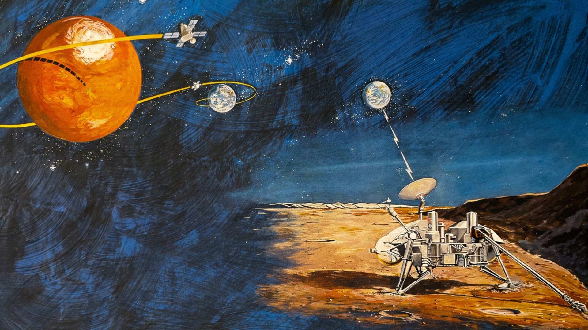 Image of the announcement for the Mars Viking Image for 50th anniversary event at NASA Ames Research Center. The image shows a vintage poster that shows the mars viking lander on the martian surface.