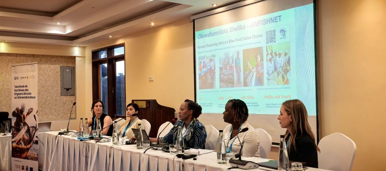 Lovin Kobusingye (third from left) speaks during the High-Level African Blue Food Leadership Roundtable at the 11th Our Ocean Conference (OOC11) in Mombasa, Kenya. Photo: High Level Panel for a Sustainable Ocean Economy.