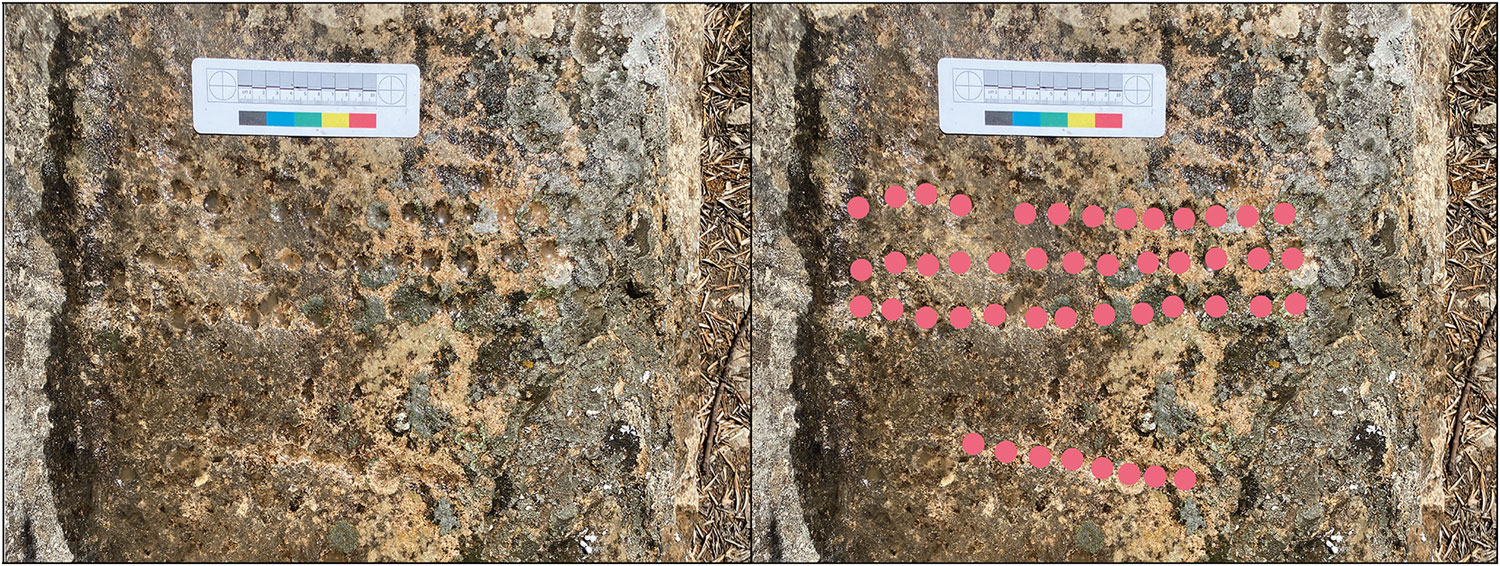 Game board in the hammam at Walīla, Morocco (left), with markup showing position of holes (right)