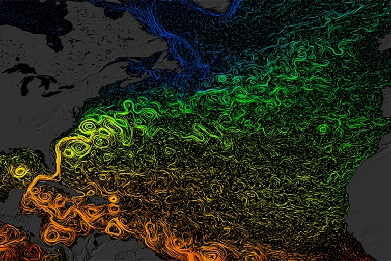 The Atlantic Meridional Overturning Circulation (AMOC) is the system of currents responsible for shuttling warm water northward and colder, denser water to the south. Seen here is a modeled view of surface flows and gyres in the North Atlantic. Image courtesy of NASA’s Goddard Space Flight Center.