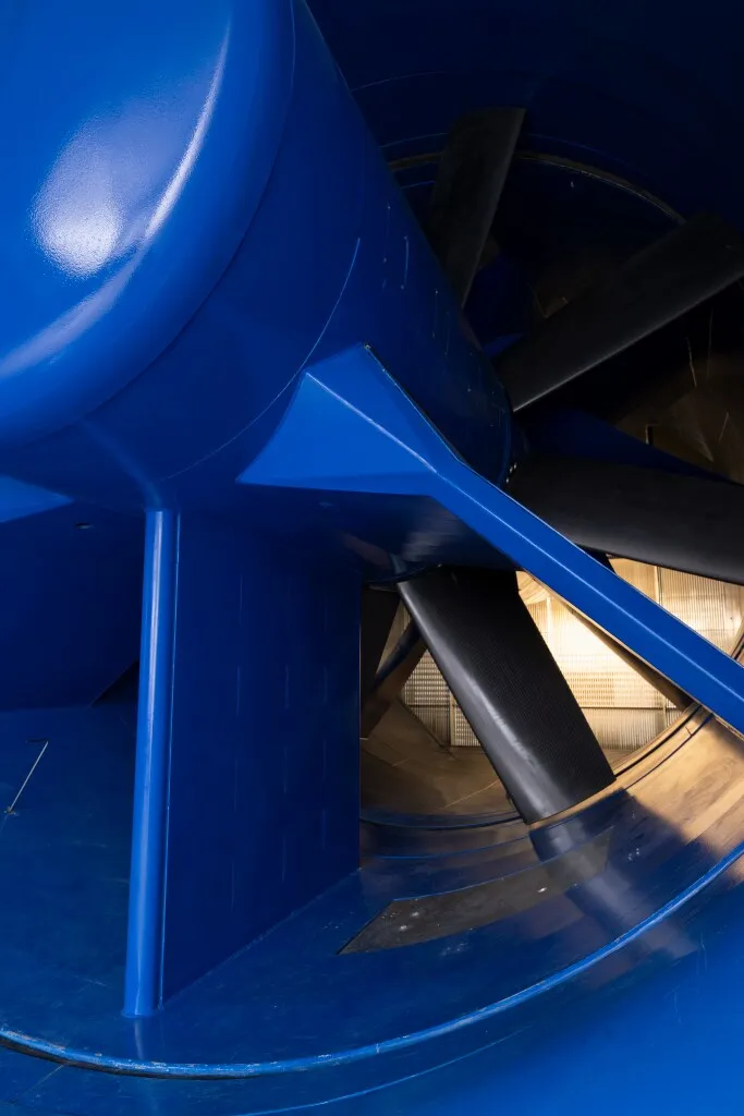 Close up view of the wind tunnel fan blades.
