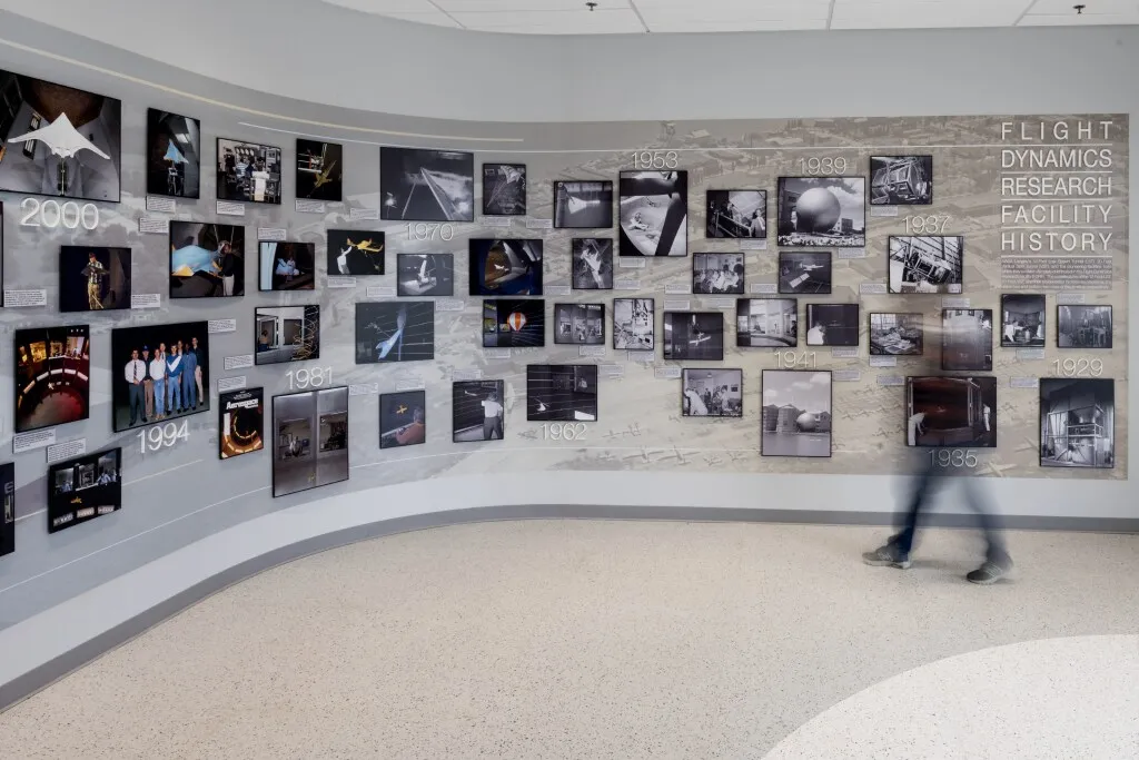 Flight Dynamics Research Facility wall of photos.