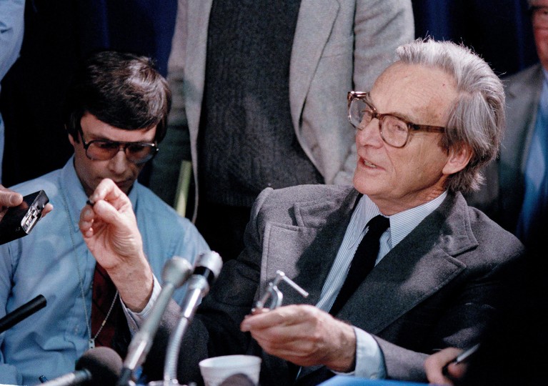 Richard Feynman talking to journalists at the investigation to the Challenger space shuttle disaster.