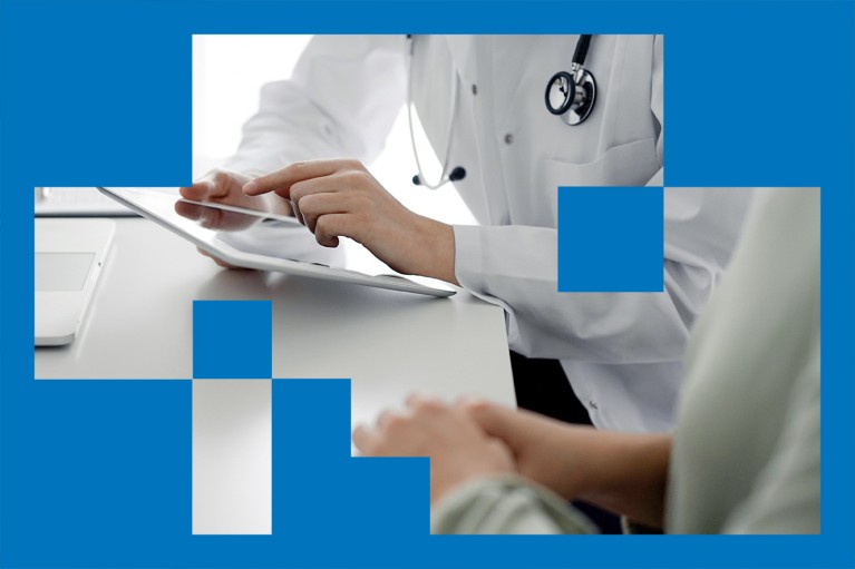 The hands of a physician and patient rest on a clinic desk as they review medical results on a tablet.