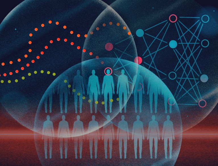 Stylized illustration of silhouetted people beneath overlapping bubbles, with colourful data dots and network diagrams suggesting AI analysis of social science.