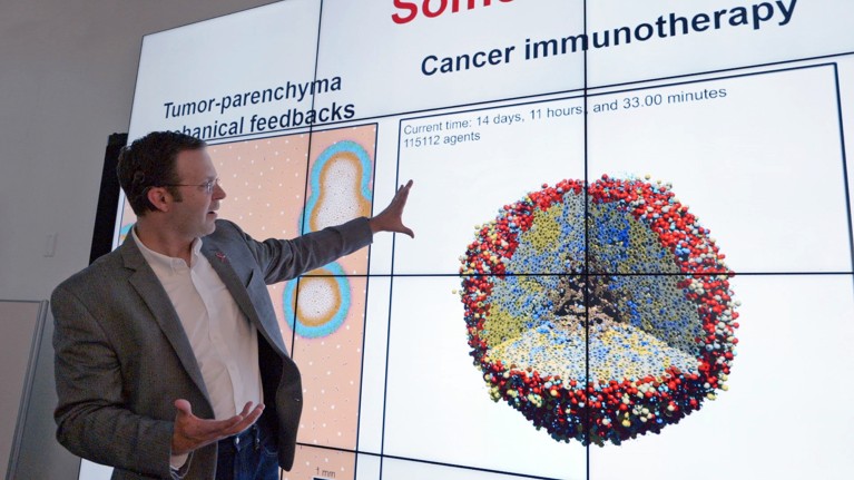 Paul Macklin presenting to a room with a projected image of a 3D virtual tissue.