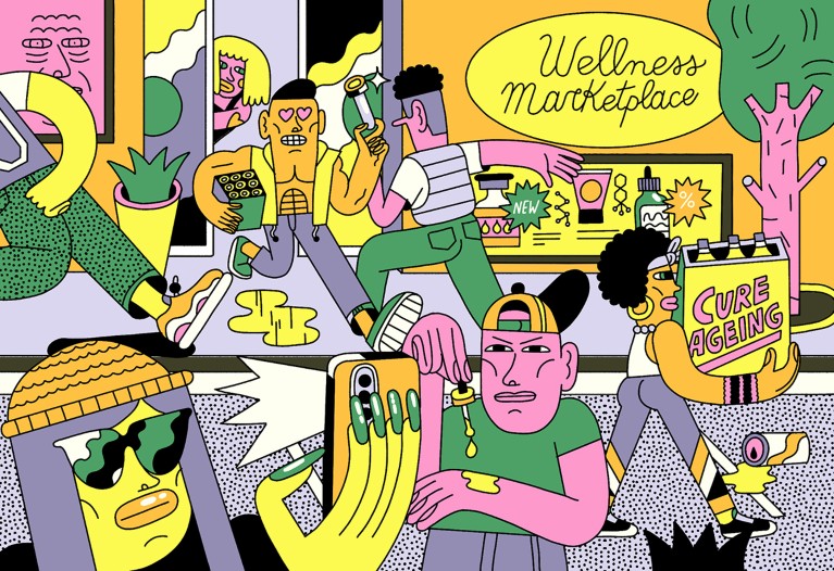 Cartoon showing people bustlling through a colourful “Wellness marketplace” buying vials, droppers and pills, with one holding a “cure ageing” box, highlighting the hype around untested peptide products.